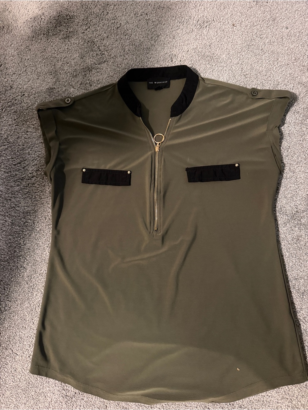 Olive Green Short Sleeve Zip Blouse with Black Trim